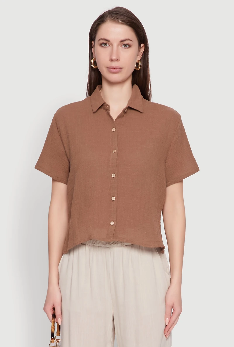 Womens Ambiance Cotton Short Sleeve Boxy Shirt, Brown, Size L