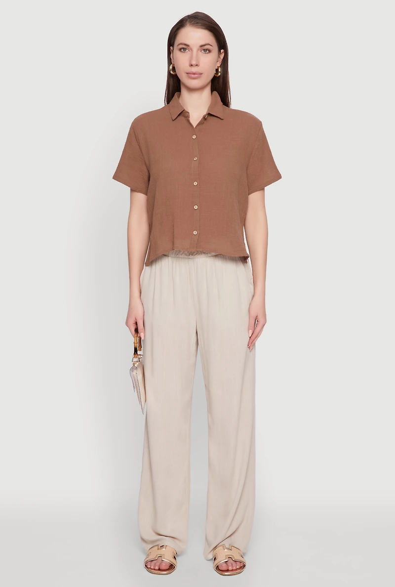 Womens Ambiance Cotton Short Sleeve Boxy Shirt, Brown, Size S