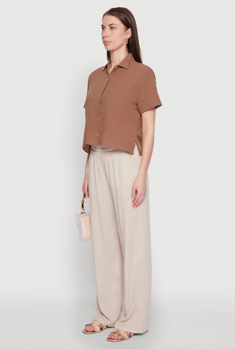 Womens Ambiance Cotton Short Sleeve Boxy Shirt, Brown, Size S