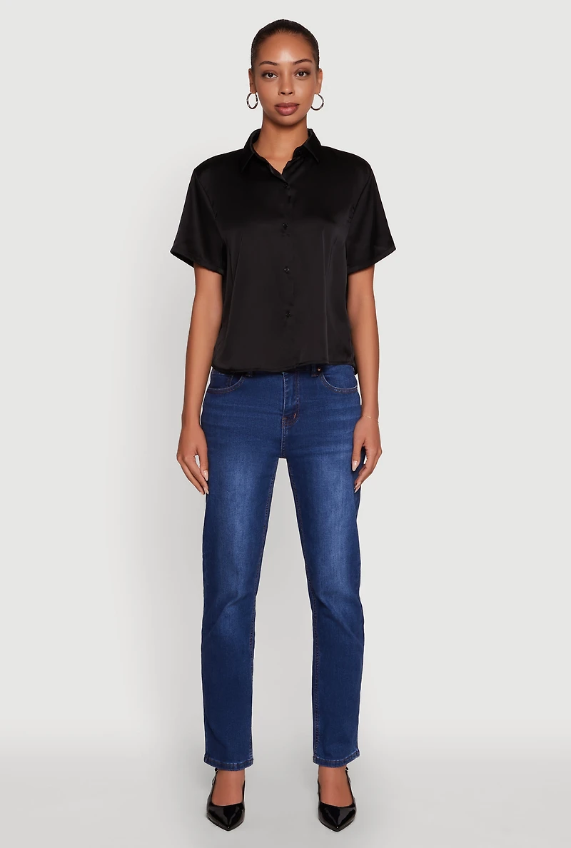 Womens Satin Button Front Cropped Boxy Top, Black, Size S