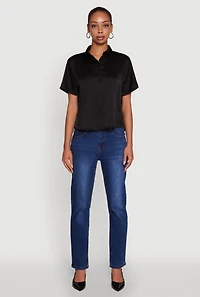 Womens Satin Button Front Cropped Boxy Top, Black, Size S