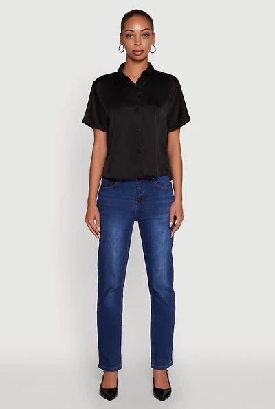 Womens Satin Button Front Cropped Boxy Top,