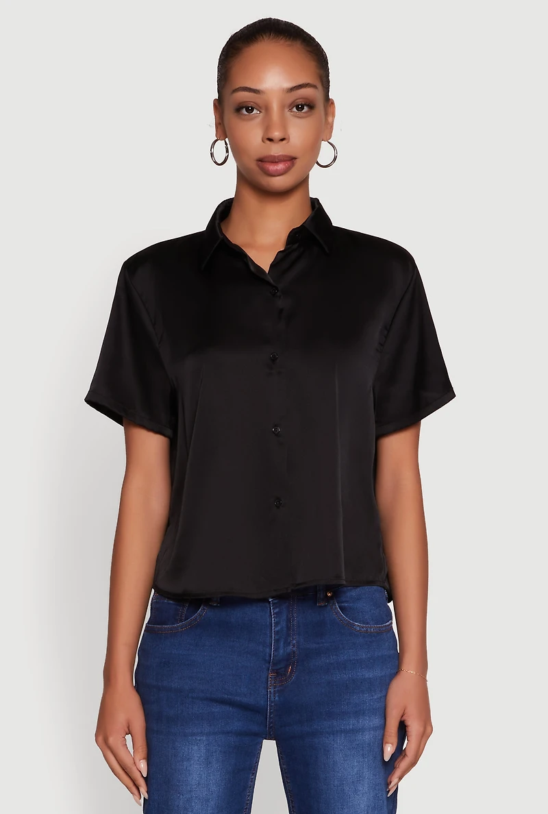 Womens Satin Button Front Cropped Boxy Top,