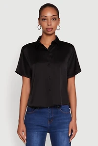 Womens Satin Button Front Cropped Boxy Top,