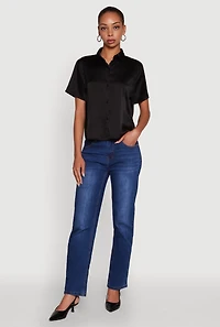 Womens Satin Button Front Cropped Boxy Top, Black, Size S
