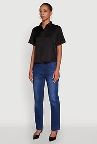Womens Satin Button Front Cropped Boxy Top, Black, Size S