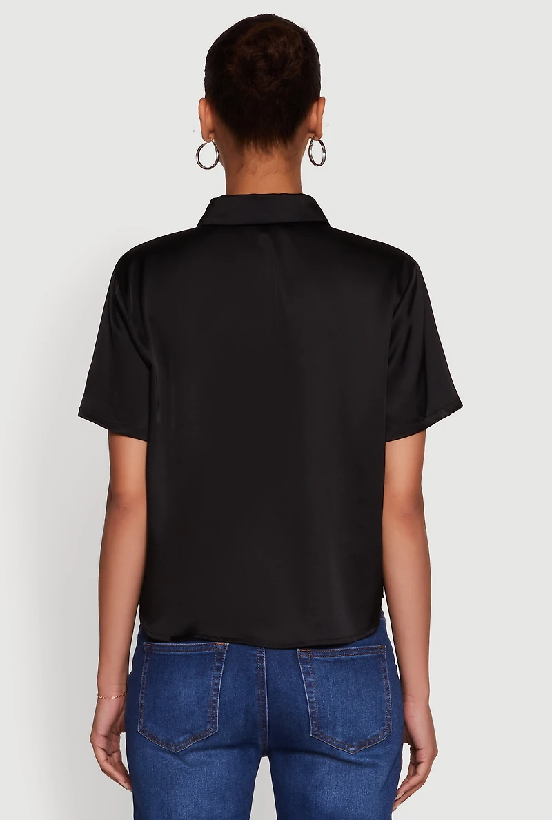 Womens Satin Button Front Cropped Boxy Top,