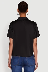 Womens Satin Button Front Cropped Boxy Top,