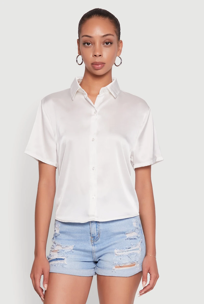 Womens Satin Button Front Cropped Boxy Top, White,