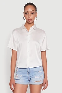 Womens Satin Button Front Cropped Boxy Top, White,