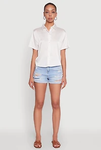 Womens Satin Button Front Cropped Boxy Top, White,