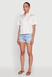 Womens Satin Button Front Cropped Boxy Top, White,