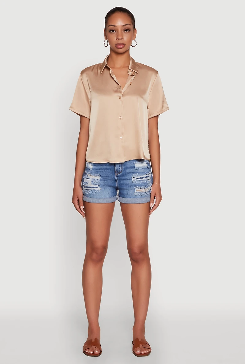 Womens Satin Button Front Cropped Boxy Top, Beige, Size S