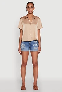 Womens Satin Button Front Cropped Boxy Top, Beige, Size S