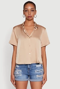 Womens Satin Button Front Cropped Boxy Top, Beige, Size S