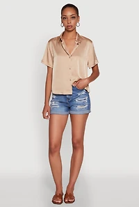 Womens Satin Button Front Cropped Boxy Top, Beige, Size S