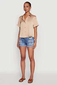 Womens Satin Button Front Cropped Boxy Top, Beige, Size S