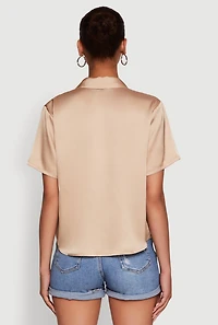 Womens Satin Button Front Cropped Boxy Top, Beige, Size S