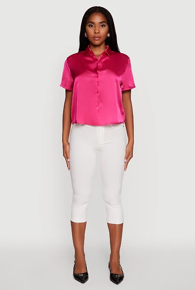 Womens Satin Button Front Cropped Boxy Top, Pink, Size M