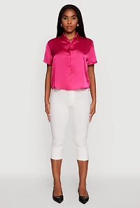 Womens Satin Button Front Cropped Boxy Top, Pink, Size M