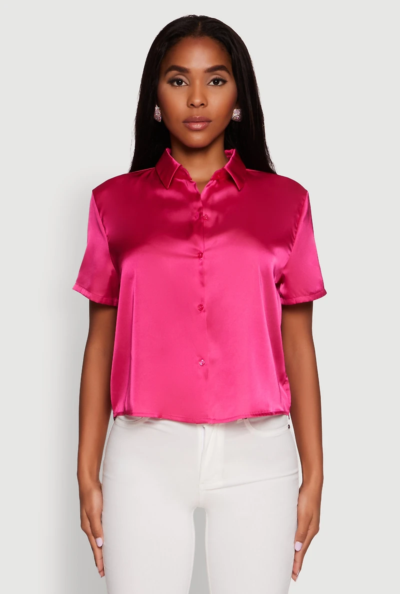 Womens Satin Button Front Cropped Boxy Top, Pink, Size M