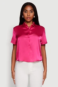 Womens Satin Button Front Cropped Boxy Top, Pink, Size M