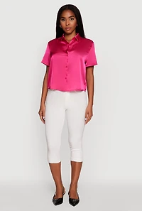 Womens Satin Button Front Cropped Boxy Top, Pink, Size M