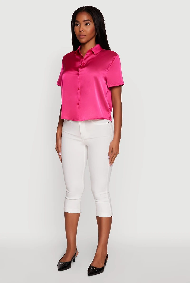 Womens Satin Button Front Cropped Boxy Top, Pink, Size M