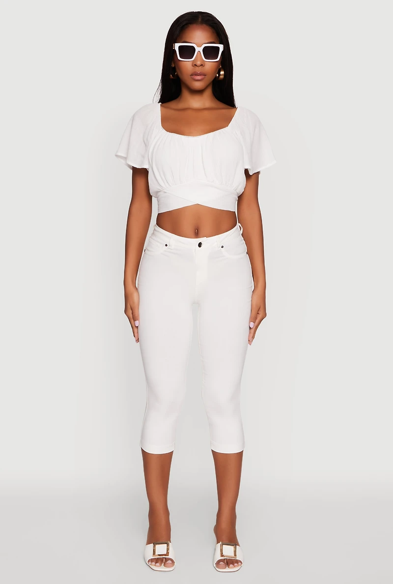 Womens Classic Fit Scoop Neck Flutter Sleeve Crop Top, White, Size L