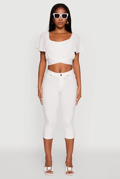 Womens Classic Fit Scoop Neck Flutter Sleeve Crop Top, White, Size L
