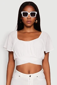 Womens Classic Fit Scoop Neck Flutter Sleeve Crop Top, White, Size L