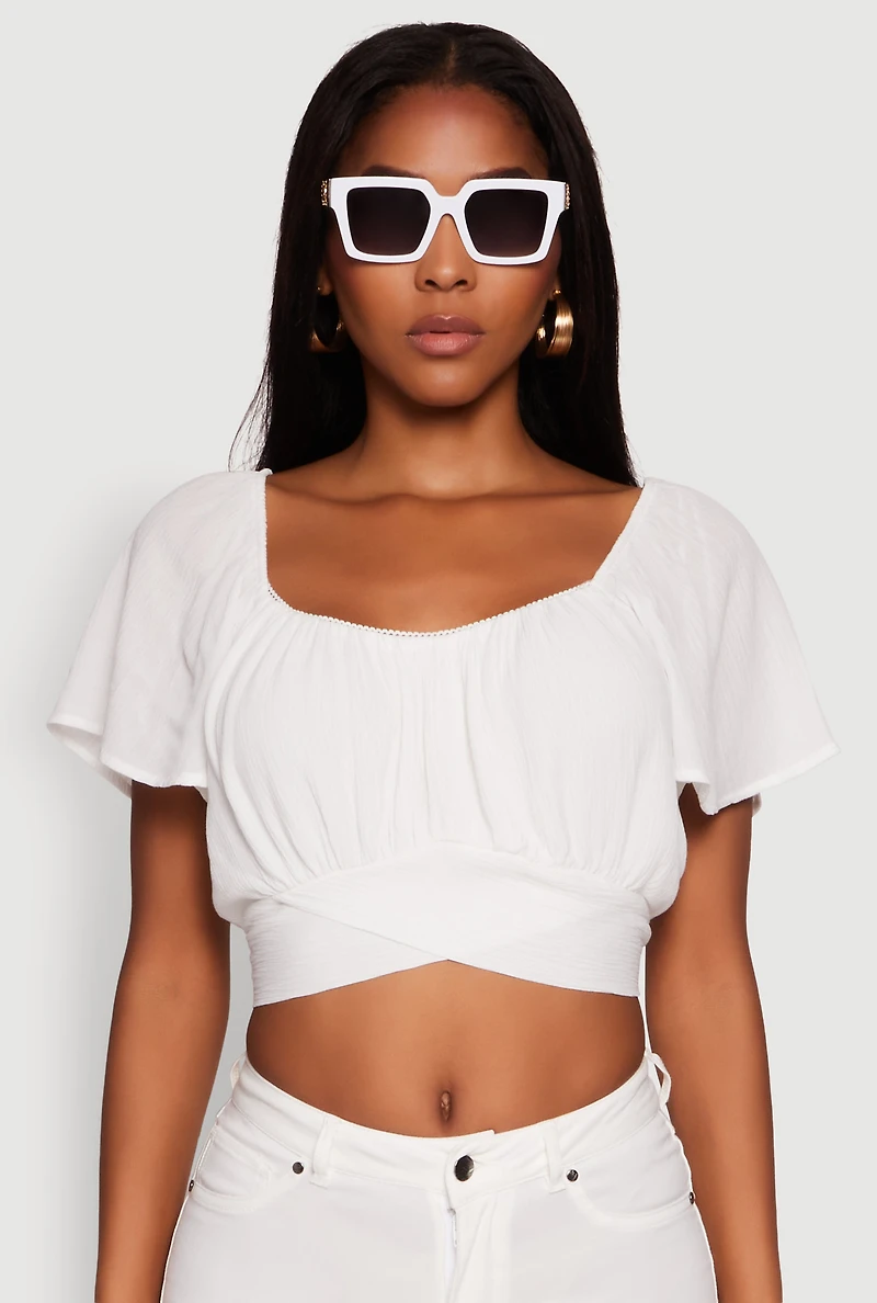 Classic Fit Scoop Neck Flutter Sleeve Crop Top