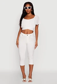 Womens Classic Fit Scoop Neck Flutter Sleeve Crop Top, White, Size L
