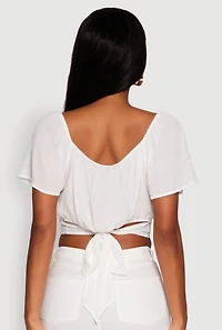 Womens Classic Fit Scoop Neck Flutter Sleeve Crop Top, White, Size L