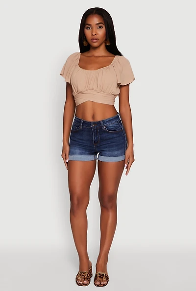 Womens Classic Fit Scoop Neck Flutter Sleeve Crop Top, Beige,
