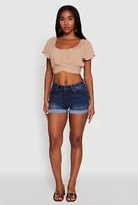 Womens Classic Fit Scoop Neck Flutter Sleeve Crop Top, Beige,