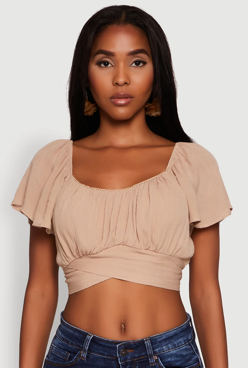 Womens Classic Fit Scoop Neck Flutter Sleeve Crop Top, Beige, Size S