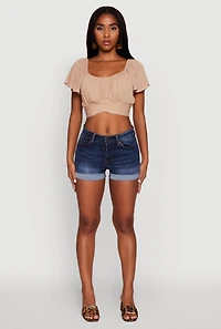 Womens Classic Fit Scoop Neck Flutter Sleeve Crop Top, Beige,