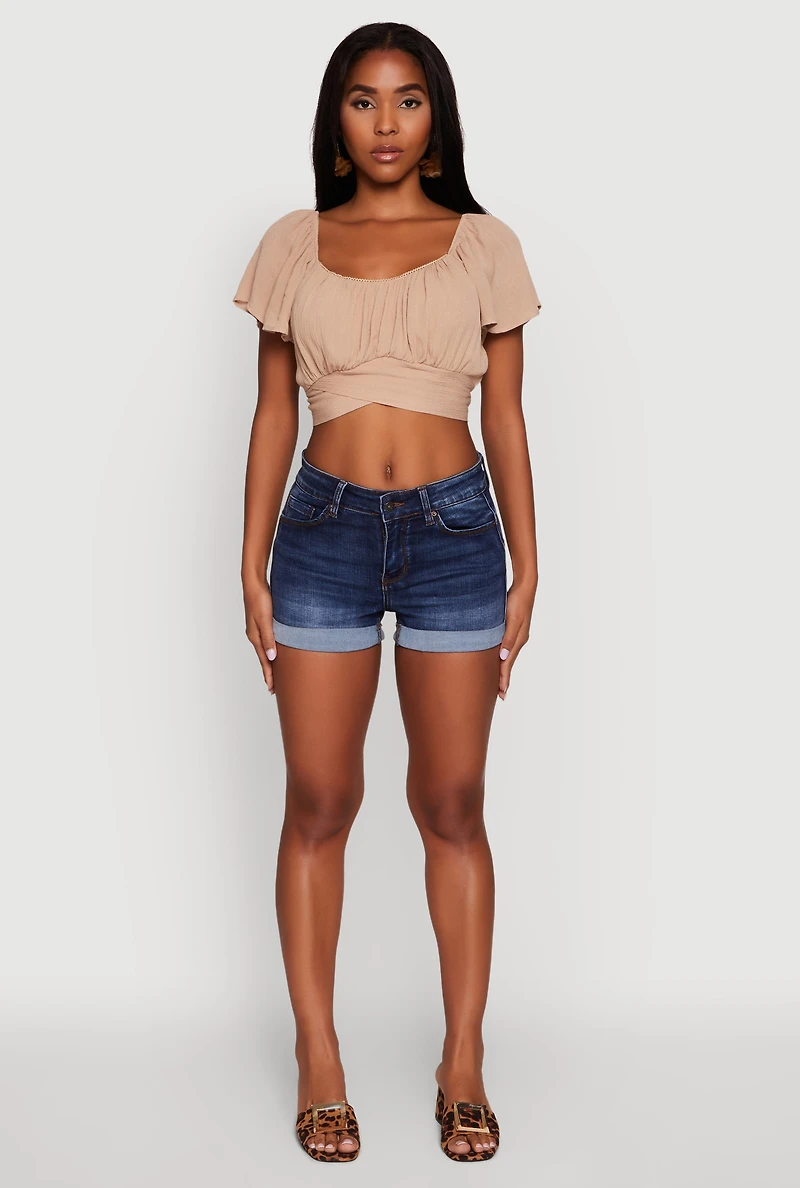 Womens Classic Fit Scoop Neck Flutter Sleeve Crop Top, Beige, Size L