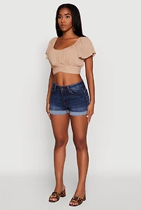 Womens Classic Fit Scoop Neck Flutter Sleeve Crop Top, Beige,
