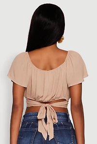 Womens Classic Fit Scoop Neck Flutter Sleeve Crop Top, Beige,
