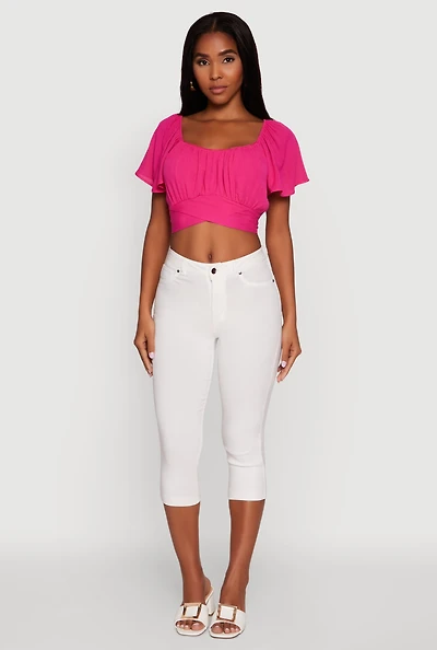 Womens Classic Fit Scoop Neck Flutter Sleeve Crop Top, Pink, Size M