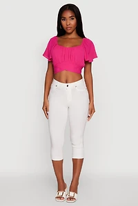 Womens Classic Fit Scoop Neck Flutter Sleeve Crop Top, Pink, Size M