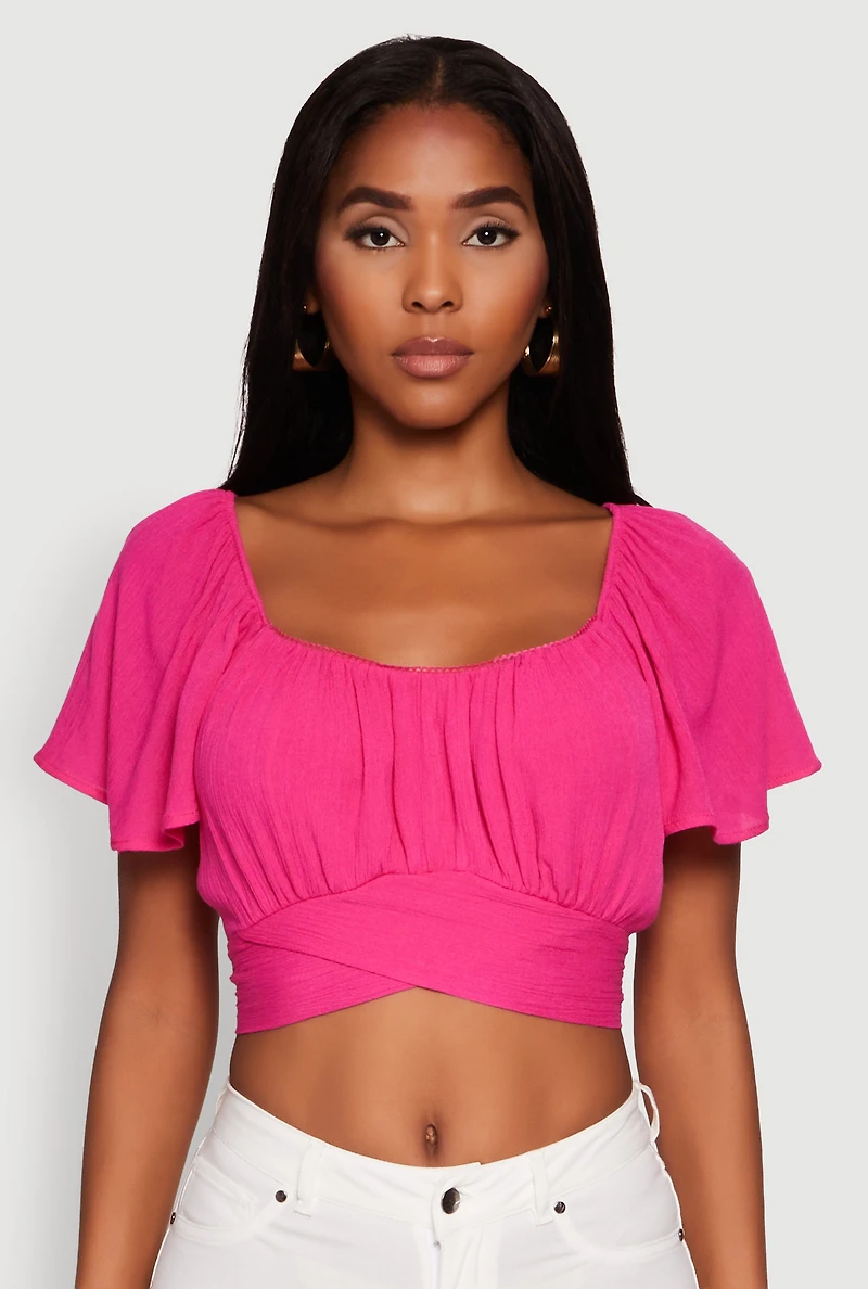 Womens Classic Fit Scoop Neck Flutter Sleeve Crop Top, Pink, Size S