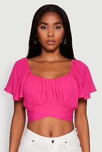 Womens Classic Fit Scoop Neck Flutter Sleeve Crop Top, Pink, Size S