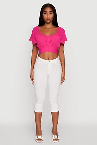 Womens Classic Fit Scoop Neck Flutter Sleeve Crop Top, Pink, Size S