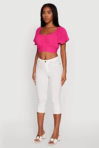 Womens Classic Fit Scoop Neck Flutter Sleeve Crop Top, Pink, Size M