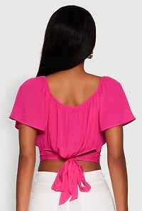 Womens Classic Fit Scoop Neck Flutter Sleeve Crop Top, Pink, Size M