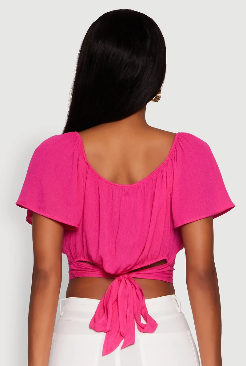 Womens Classic Fit Scoop Neck Flutter Sleeve Crop Top, Pink, Size S