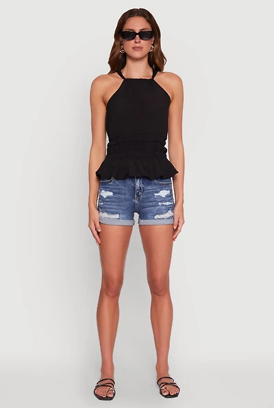Womens Gauze Knit Halter Peplum Top,